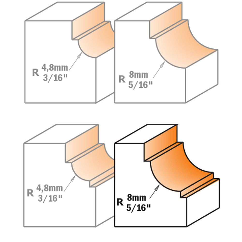 CMT Cavetto Edge Moulding Bit for Dual Fillets 8mm Radius 1/4" Shank