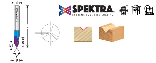 Amana 45624-K Spektra Solid Carbide 3 Flute V-Bit, 60° Angle, 1/4" Shank