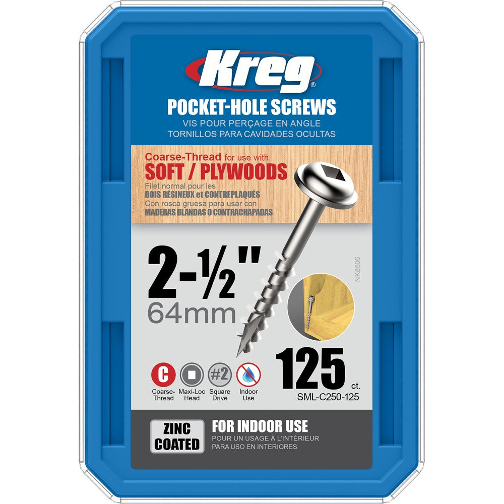 Kreg Pocket Hole Screws - 64mm Coarse/MaxiLoc Head - Zinc - 125 pack