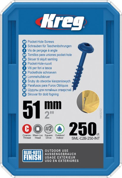 Kreg Pocket Hole Screws - 51mm Coarse/MaxiLoc Head - BlueKote - 250 pack
