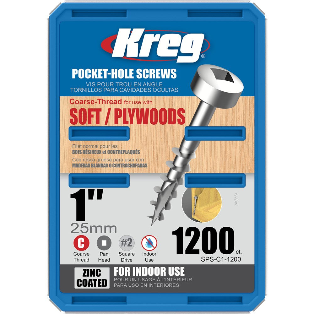 Kreg Pocket Hole Screws - 25mm Coarse/Pan Head - Zinc - 1200 pack