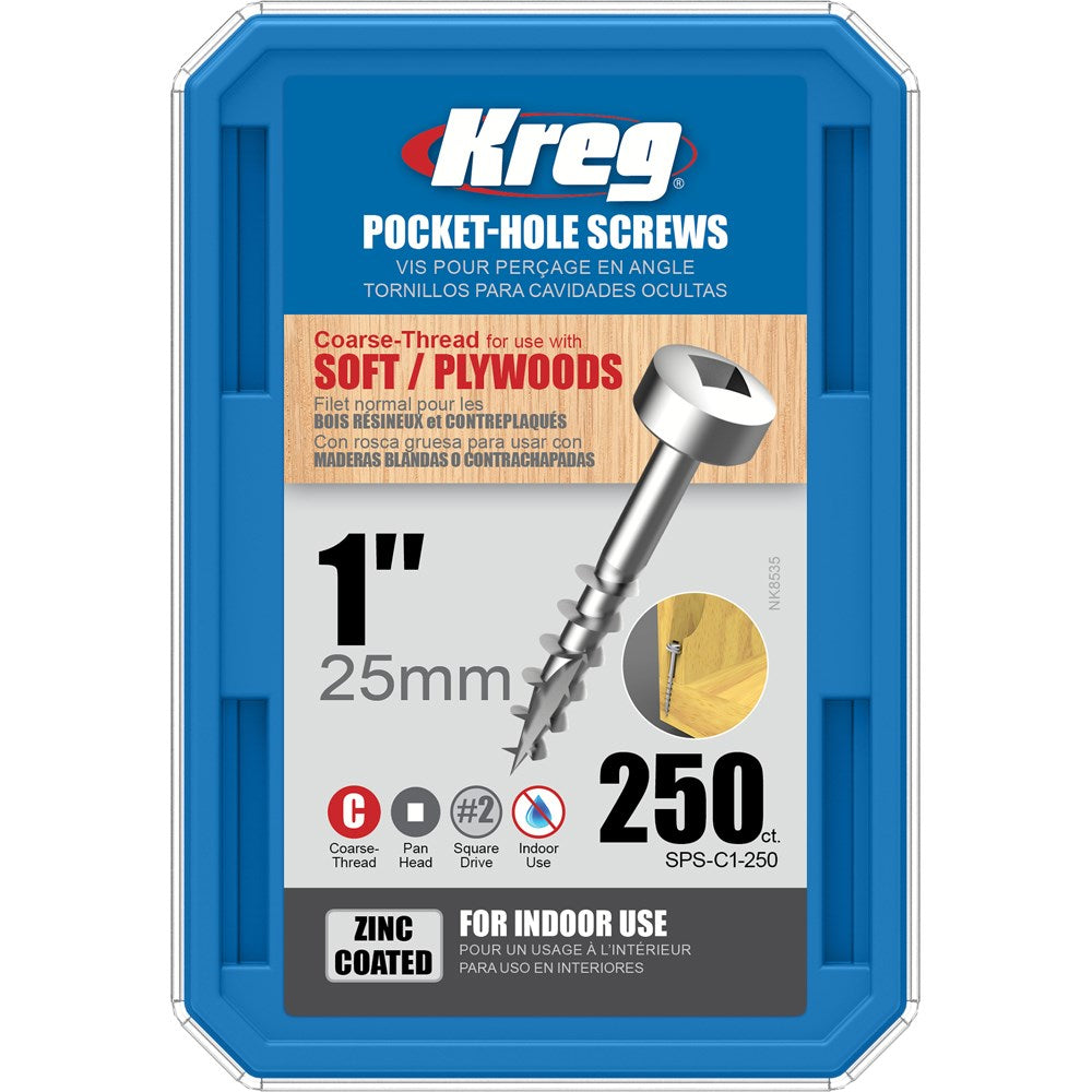 Kreg Pocket Hole Screws - 25mm Coarse/Pan Head - Zinc - 250 pack