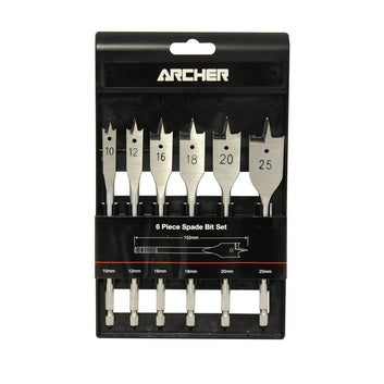 A set of 6 Carbatec Archer spade bits in a black plastic case with sizes marked on the bits.