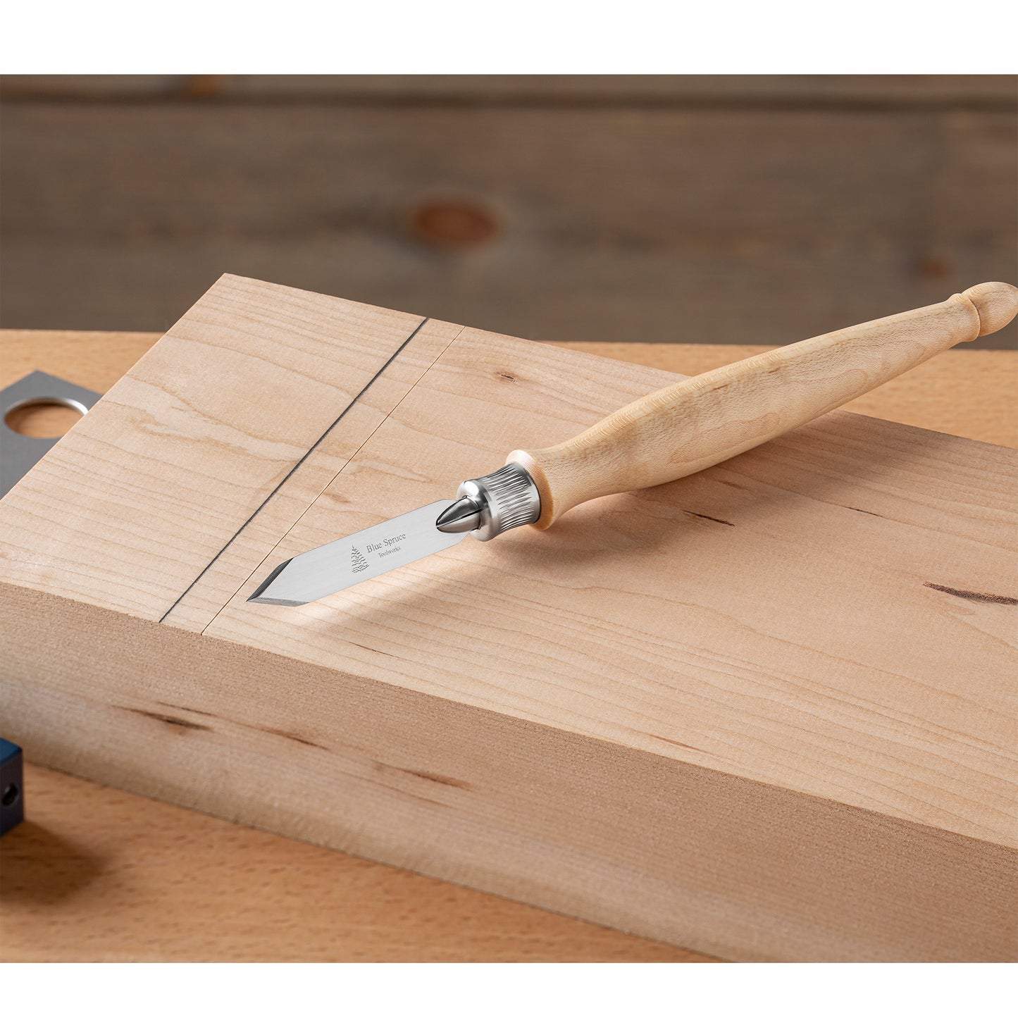 Blue Spruce Spear Point Marking Knife Curly Maple Handle