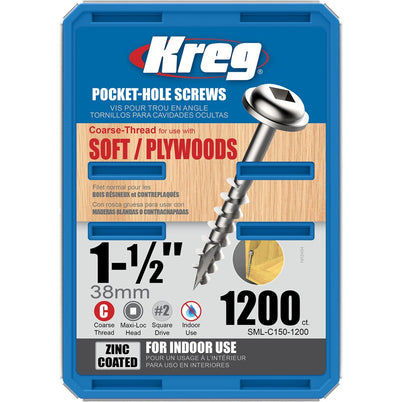 Kreg Pocket Hole Screws - 38mm Coarse/MaxiLoc Head - Zinc - 1200 pack