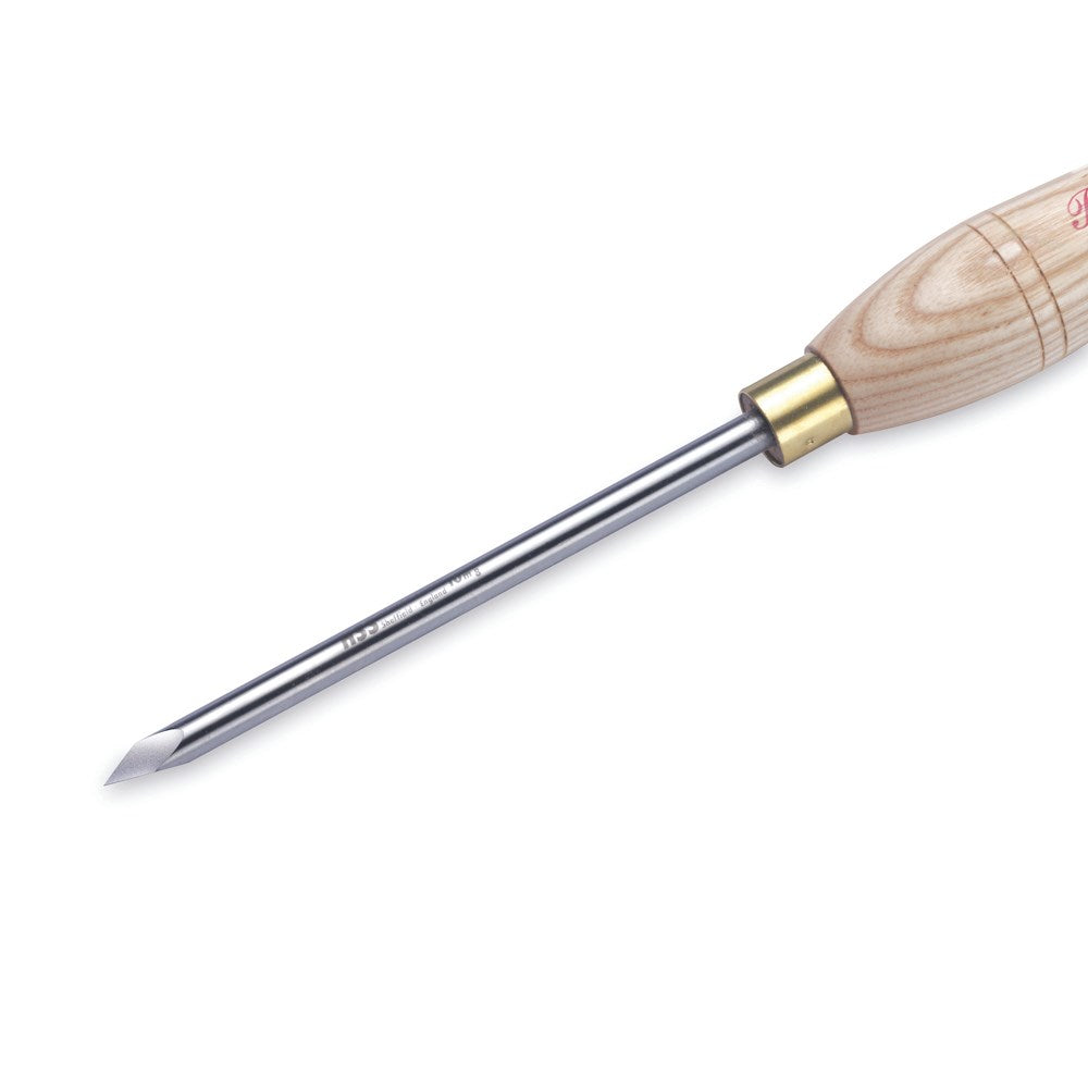 A Robert Sorby Detail Point Tool with a wooden handle and a high-speed steel blade used for woodturning.
