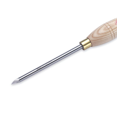 A Robert Sorby Detail Point Tool with a wooden handle and a high-speed steel blade used for woodturning.