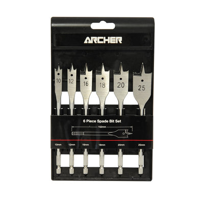 A set of 6 Carbatec Archer spade bits in a black plastic case with sizes marked on the bits.